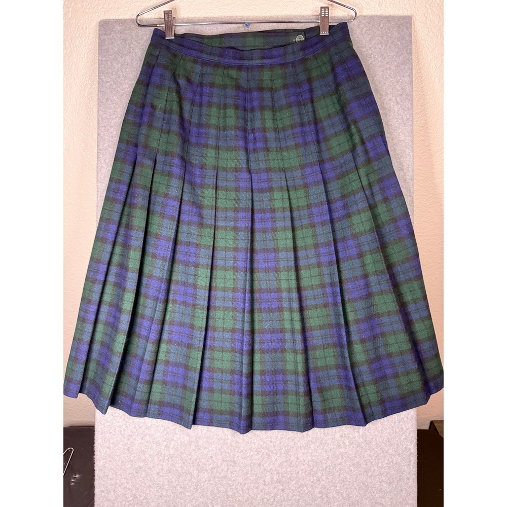 Vintage Pendleton Wool Plaid Skirt Black Watch Tartan Pleated Midi Green Blue 14